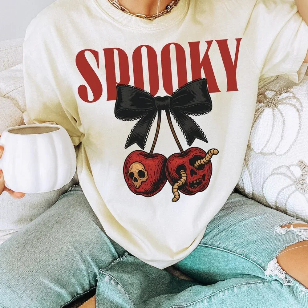 Spooky Skull Cherry Bow Halloween Tee, Graphic Tee - Picture 1 of 4